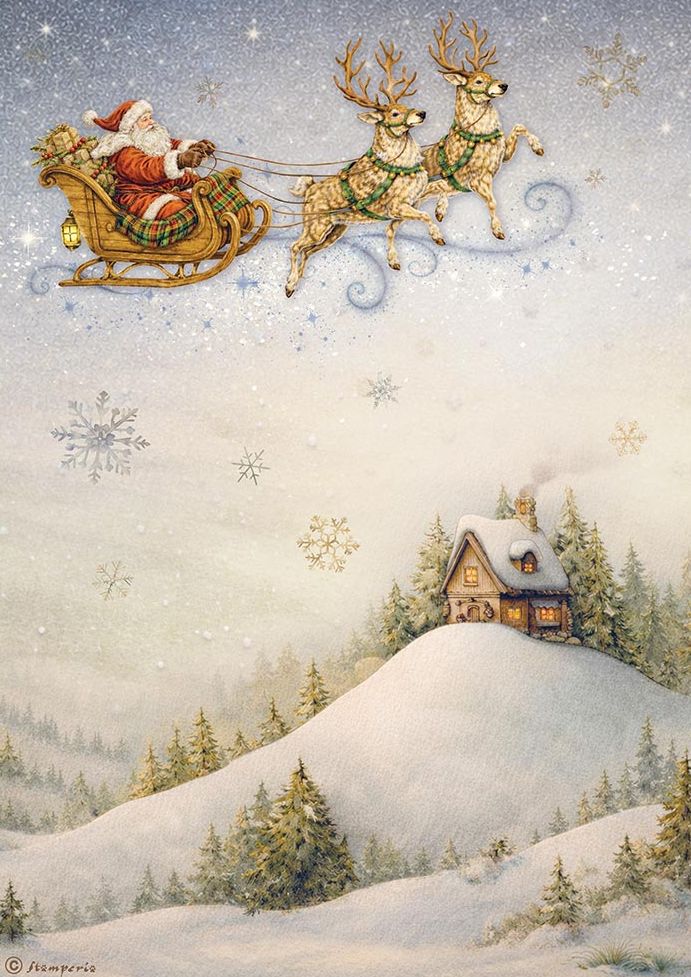 A festive winter illustration showing Santa Claus in a sleigh pulled by two reindeer flying above a snow-covered hill with a small cabin and evergreen trees. Snowflakes drift through a soft blue and white sky.