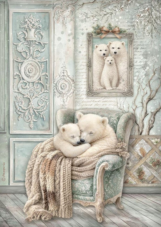A cozy winter scene featuring two polar bears cuddling on an ornate pale green armchair with a chunky knit beige blanket. Above them, a framed polar bear portrait hangs on a decorative wall with winter motifs and wood flooring.