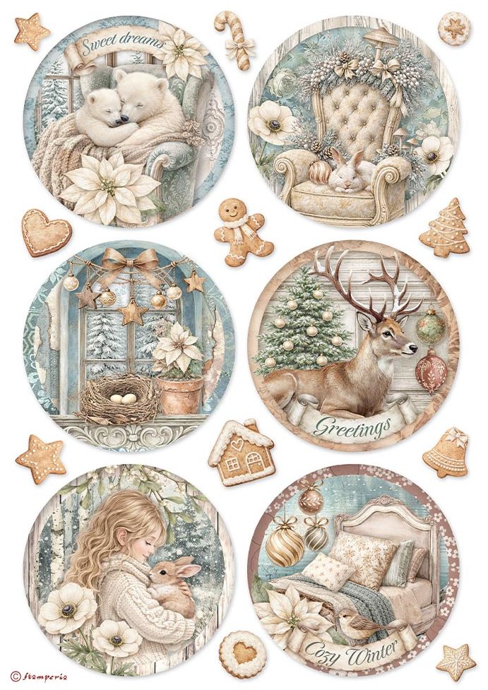A sheet of six round decorative designs featuring winter holiday scenes: two polar bear illustrations, a tufted armchair with a rabbit, a window with a birdhouse and nest, a deer with antlers beside a Christmas tree, a girl holding a rabbit in a snowy forest, and a cozy bedroom scene. Small gingerbread cookies, candy canes, stars, and ornaments are scattered around on a white background.