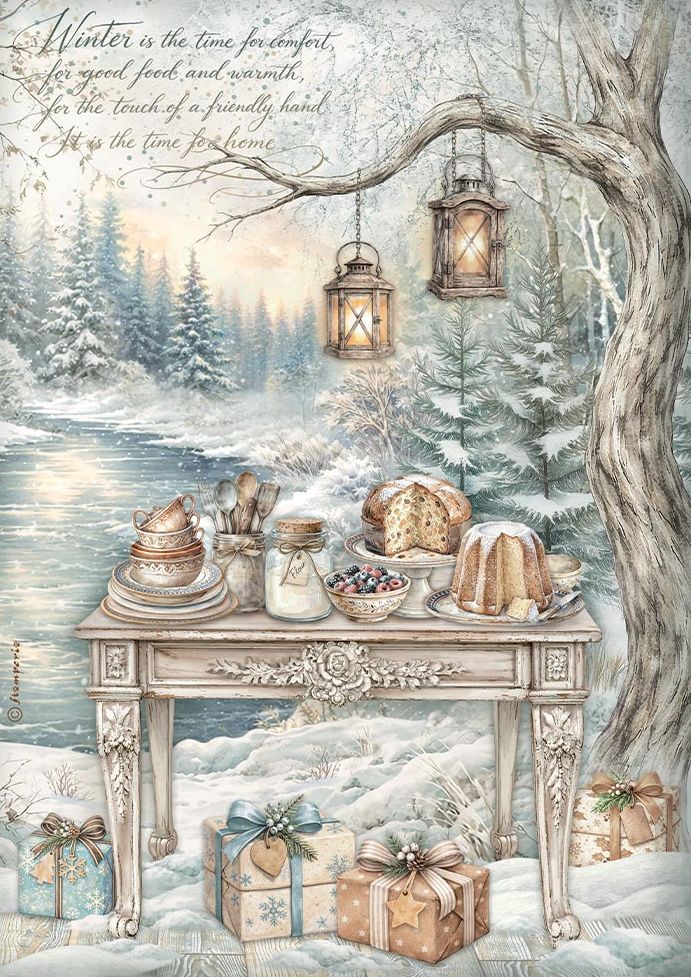 A festive winter holiday scene with a snow-covered table set with bread, cakes, cups, and wrapped gifts beneath hanging lanterns, beside a river and pine trees. Decorative script text appears in the upper left, and the artwork fills the frame.
