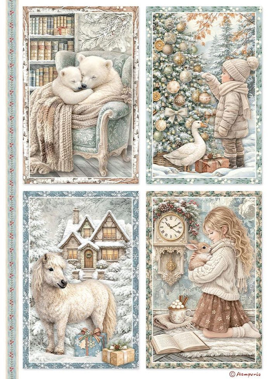 A four-panel winter illustration sheet featuring cozy Christmas scenes: two polar bears in an armchair, a child decorating a Christmas tree with a goose, a snowy house with a pony, and a girl reading with a rabbit. The artwork has a vintage, soft pastel look with cream, beige, blue, and brown tones.