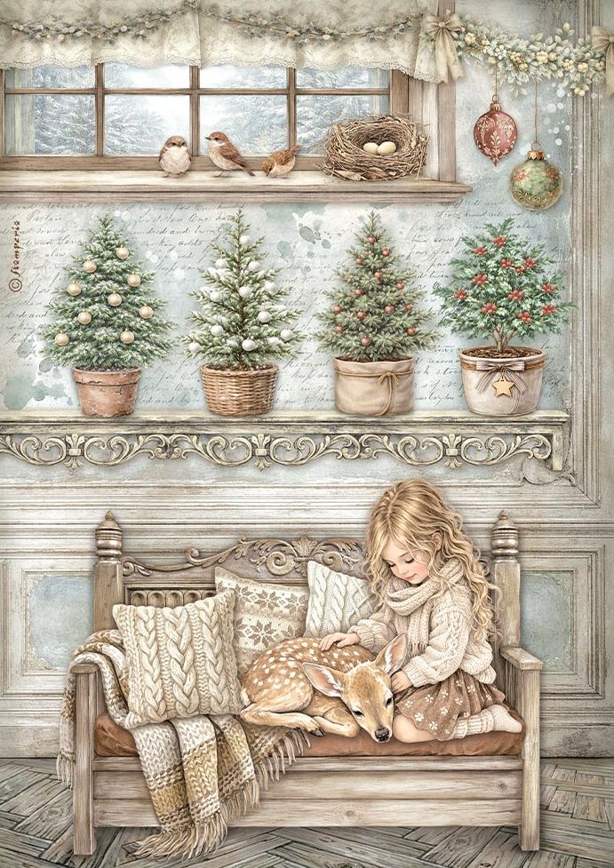 A cozy winter scene illustration showing a young girl sitting on a wooden bench with a deer, surrounded by knitted pillows and blankets. Above her, a window sill holds small potted Christmas trees, birds, a nest, and hanging ornaments in a softly detailed room.