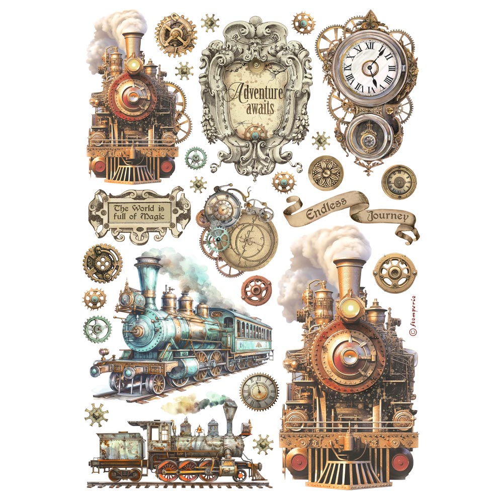 Collection of steampunk-themed decorative elements including trains, clocks, and gears on a white background.