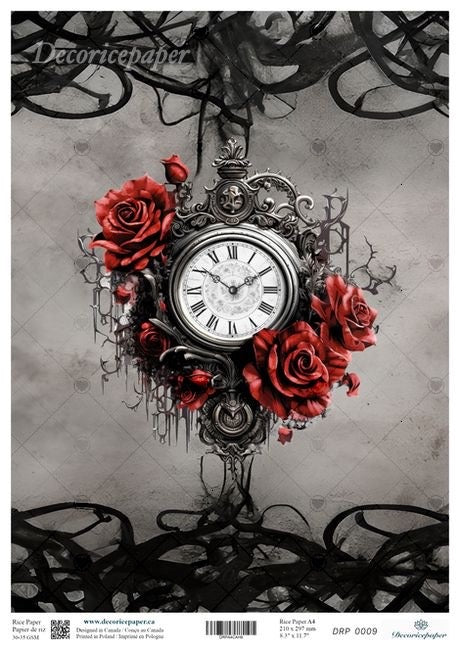 Decorative paper with a clock and red roses on a gray background