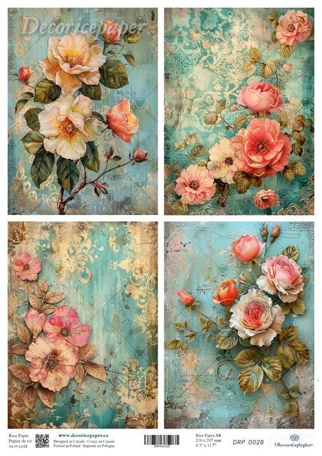 Set of four floral designs with vintage textures on a white background.