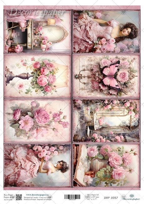 A sheet of decorative paper featuring a vintage collage of pink roses, butterflies, mirrors, and soft romantic illustrations. 