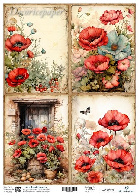 Decorative paper sheet with red poppies and floral designs.
