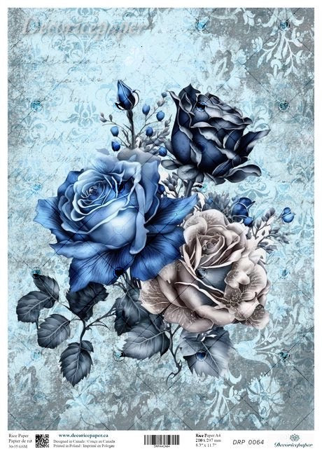 Decorative paper sheet with blue and silver roses on a textured background