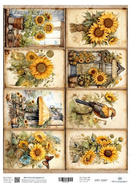 Decorative paper sheet with sunflowers, birds, and rustic elements on a beige background.