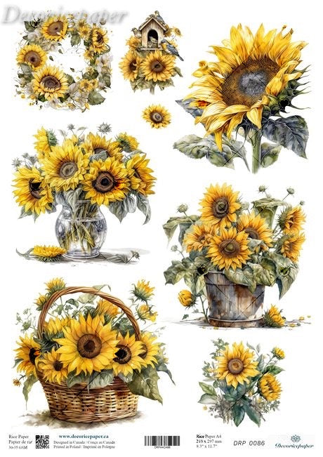 A sheet of decorative sunflower-themed decoupage paper  featuring multiple watercolor-style sunflower arrangements.
