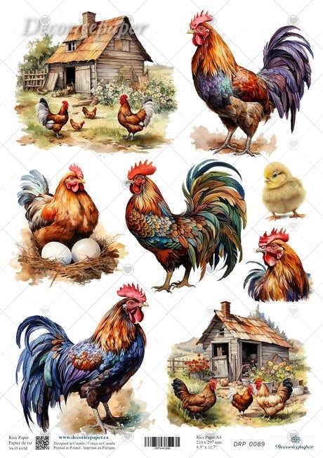 A sheet of vintage-style chicken illustrations featuring multiple roosters, hens, a chick, eggs, and rustic farmhouses on a white background.