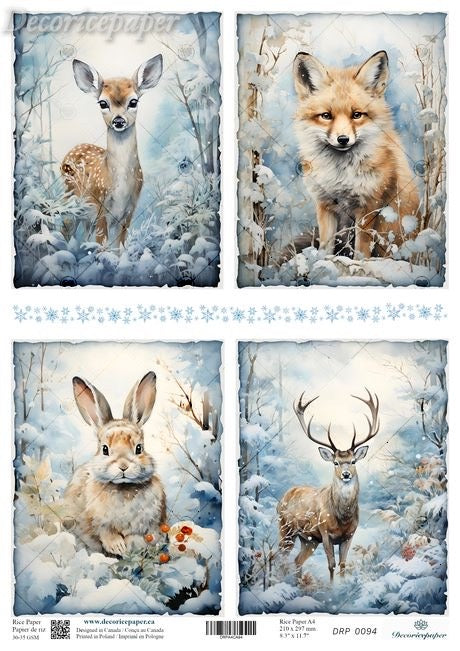 Four winter animal art panels showing a deer, fox, rabbit, and stag in snowy landscapes.