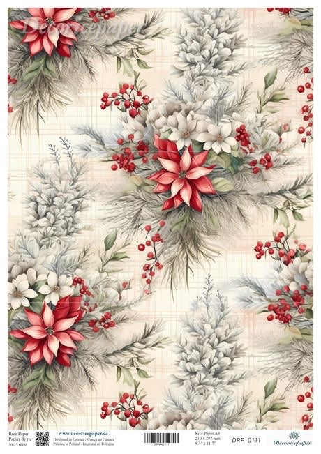 Christmas-themed paper with red poinsettias and greenery on a textured background
