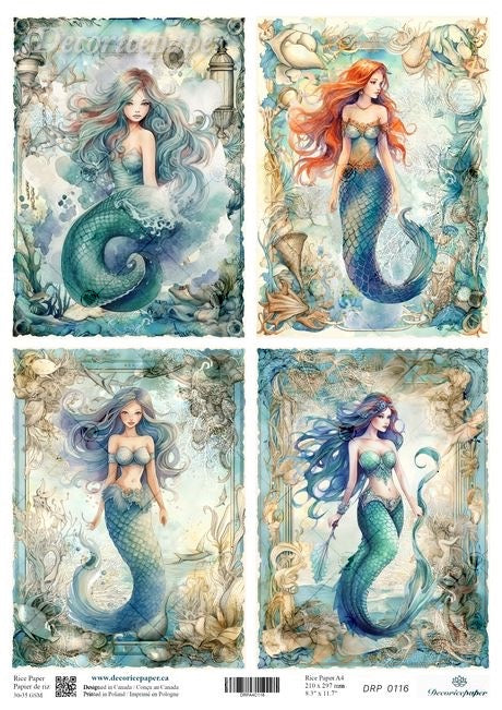 Four mermaid illustrations with different hairstyles and colors on a decorative paper sheet.