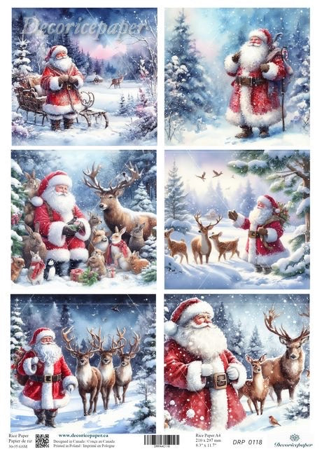 A sheet of decorative paper featuring six Christmas-themed winter illustrations of Santa Claus with reindeer, snow, trees, and small animals.