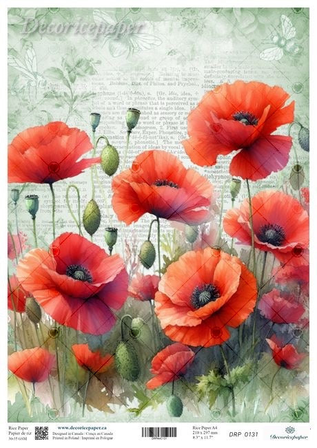 Sheet of decorative paper with red poppies and green leaves on a textured background