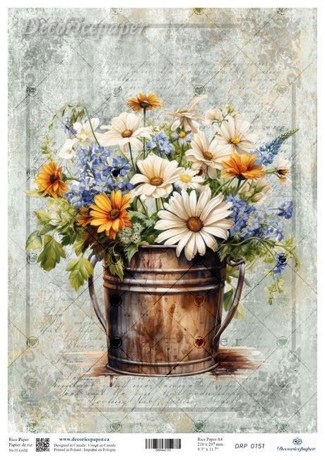 A vintage-style floral art print featuring a rustic metal bucket filled with white daisies, yellow flowers, and blue blossoms on a distressed light green background. 