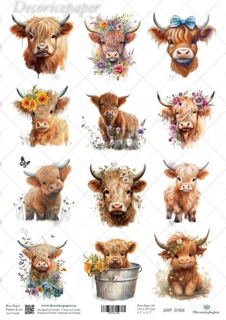 A sheet of decorative paper featuring twelve watercolor-style Highland cow illustrations in different poses, many adorned with flowers, leaves, and a metal bucket.