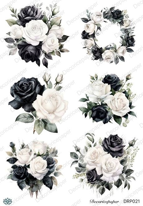 DRP0021 - Elegant Black and White Roses - Rice Paper A4 – Decoricepaper