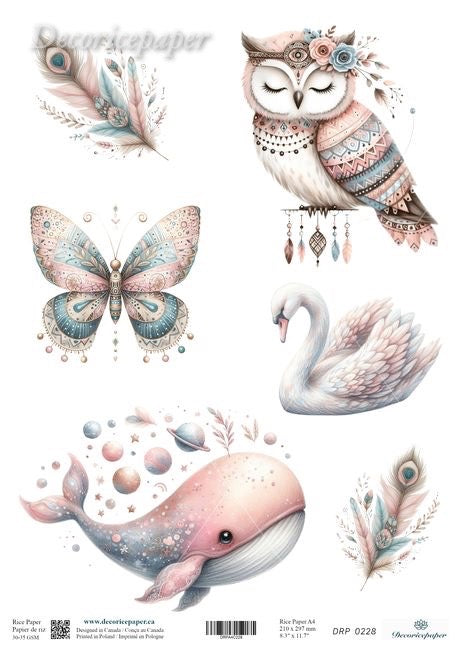Decorative paper with owl, butterfly, swan, and whale on a white background.