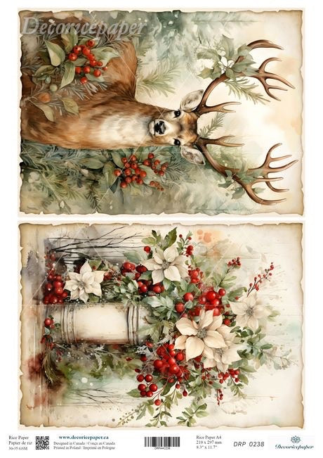 Two decorative panels featuring a deer and floral arrangement with berries.