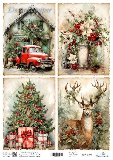 A four-panel Christmas-themed decorative print or card design featuring a red vintage truck in front of a house, a floral arrangement in a jar, a decorated Christmas tree with wrapped gifts, and a deer with antlers among red berries and foliage.
