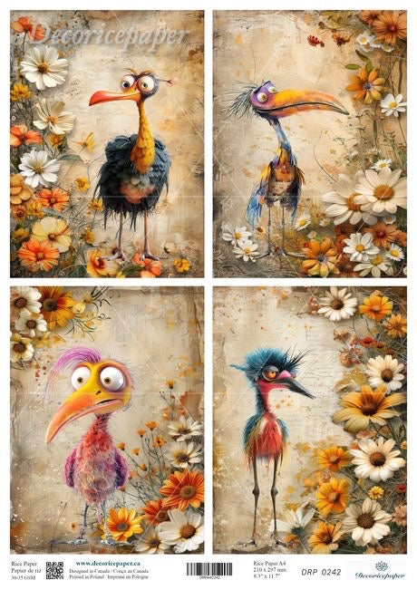 Four panels of stylized birds with floral backgrounds