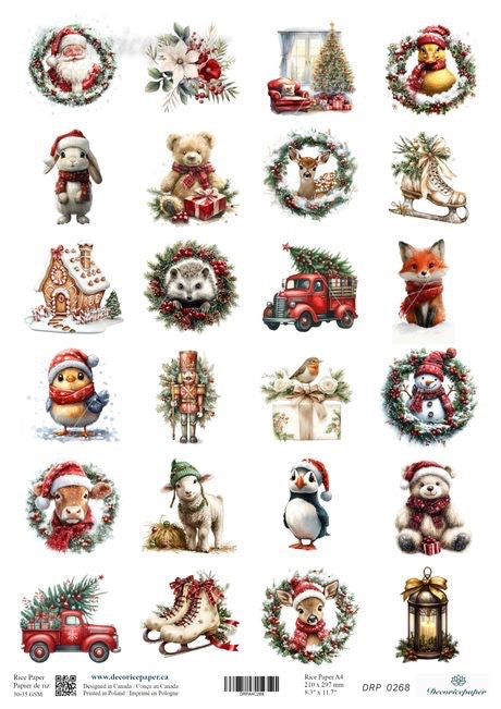 Vintage Christmas illustrations with festive animals and decorations.