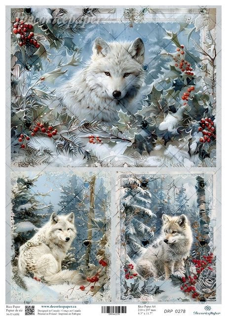 A printed rice paper featuring three winter wolf illustrations surrounded by snow, evergreen trees, holly leaves, and red berries. 