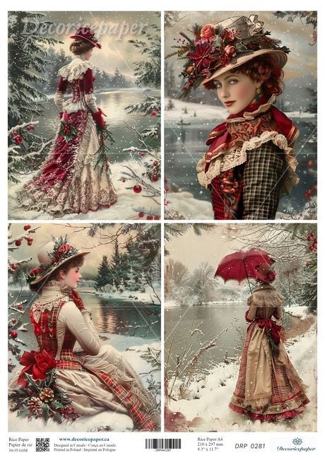 Collage of a woman in a vintage winter dress and hat with floral decorations, sitting by a snowy lake.