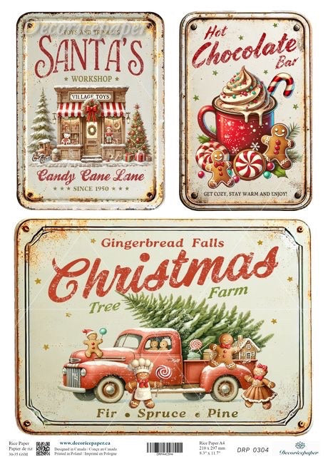 Set of three Christmas-themed metal signs with vintage designs.