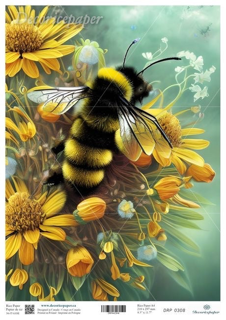 An art print featuring a detailed illustration of a fuzzy yellow-and-black bumblebee perched on bright yellow flowers with green leaves and soft blue accents. 