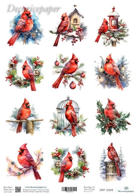 A sheet of decorative Christmas-themed designs featuring multiple watercolor illustrations of red cardinals perched with holly, berries, a birdhouse, a lantern, and a birdcage on a white background. 