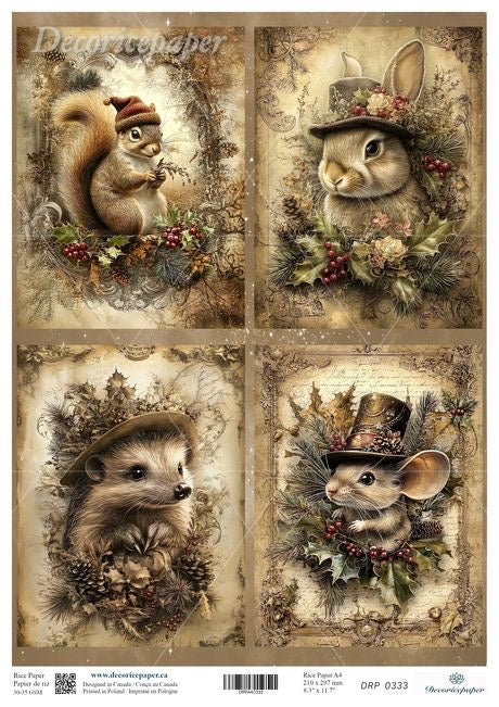 Rice paper with images of a squirrel, rabbit, and mouse dressed in winter clothing, surrounded by festive elements like holly and winter berries.