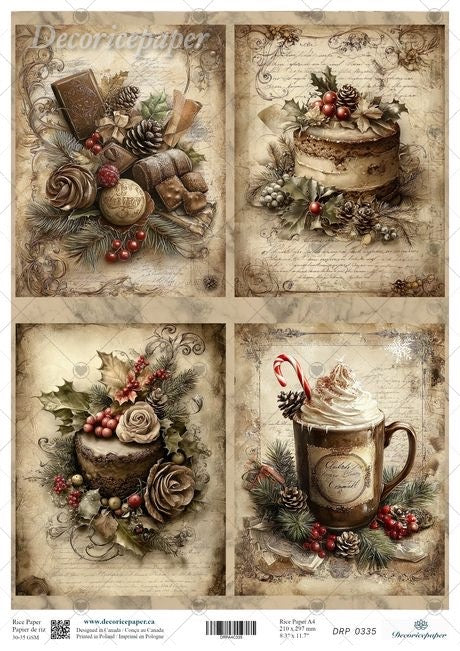 A vintage-style holiday collage sheet with four illustrated panels: ornaments and pinecones, a decorated cake, a floral arrangement with berries, and a whipped drink in a mug with a candy cane. The artwork uses warm sepia tones on a parchment-like background, with decorative script and ornamental flourishes.