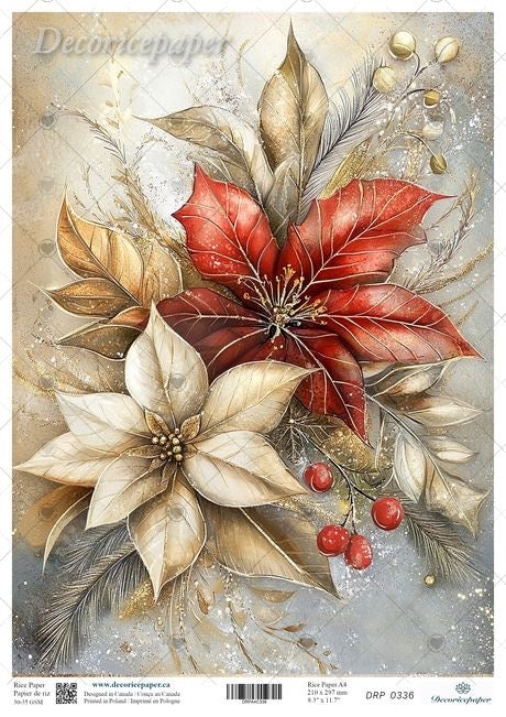 A decorative holiday art print featuring large red and cream poinsettias with gold-toned leaves, small red berries, and soft gray-blue background splashes. The artwork is shown as a flat printed design with visible paper texture and printed text along the bottom edge.
