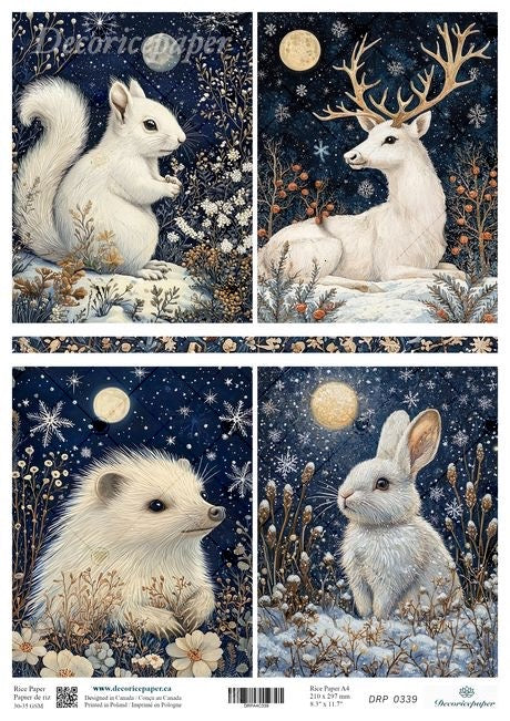 Four separate images of rice paper with winter forest animal designs, featuring a squirrel, deer, hedgehog, and rabbit in a snowy setting with stars and moon in the background.