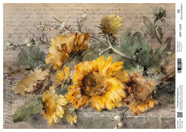 Decorative paper featuring a watercolor-style floral print with yellow sunflowers, green leaves, and a vintage script background. 