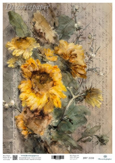 Decorative paper featuring a watercolor-style floral print with yellow sunflowers, green leaves, and a vintage script background. 