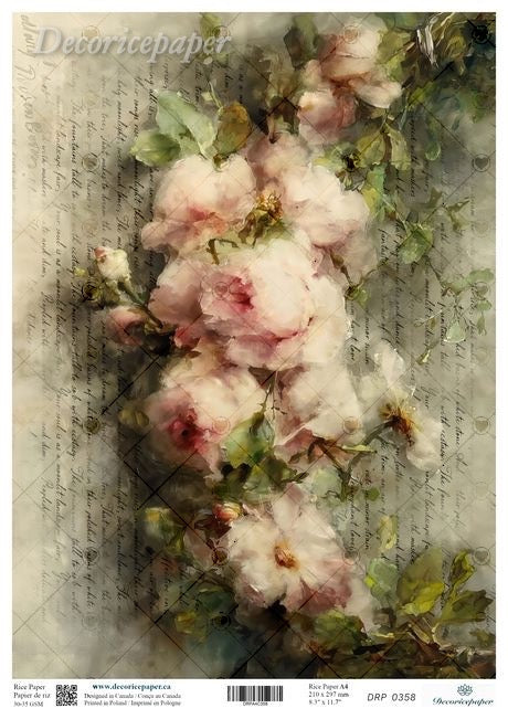 Decorative paper with pink flowers and green leaves on a textured background
