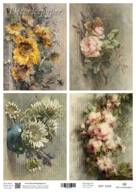 A sheet of decorative paper featuring four vintage-style floral print. The designs include yellow sunflowers, pink roses, white daisies with a blue vase, and blush pink blossoms.