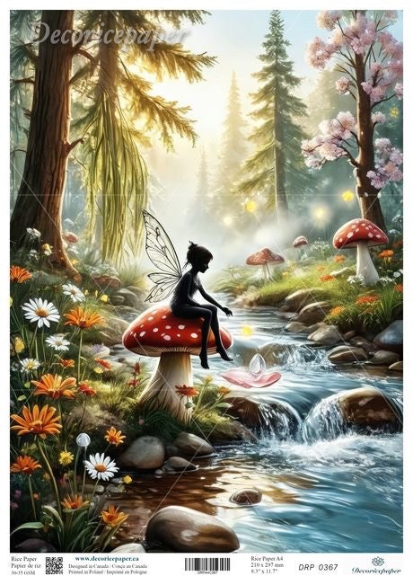 A colourful fantasy illustration of a fairy sitting on a red-and-white mushroom by a flowing stream in a forest with flowers, trees, and glowing light. 