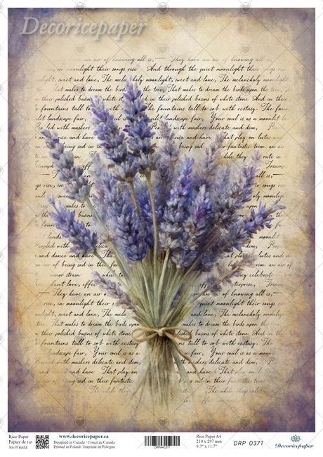 Decoricepaper decoupage paper featuring a vintage design with a bouquet of purple lavender flowers over a background of cursive handwriting on aged beige paper.