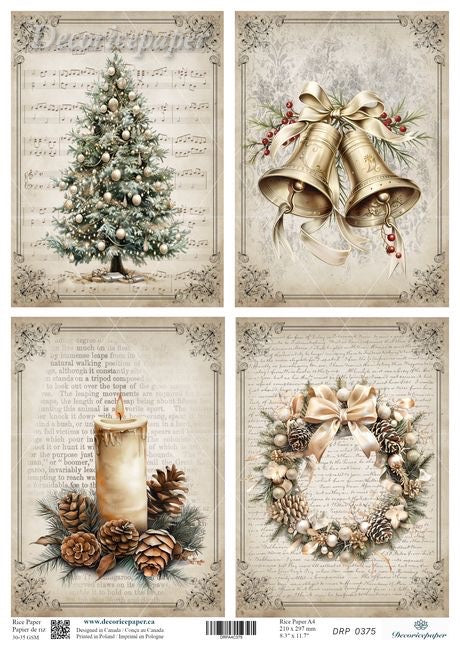 Set of four Christmas-themed illustrations on rice paper featuring a tree, bells, candle, and wreath on a textured background.
