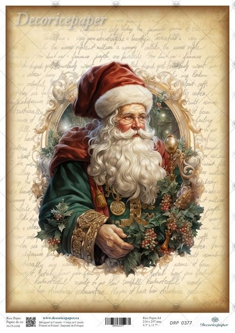 A vintage-style Christmas illustration on a beige parchment-like background with cursive script. The central figure is Santa Claus with a long white beard, red hat, green cloak, and ornate gold details, surrounded by holly and berries.