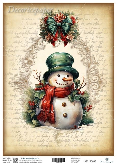 Decorative illustration on rice paper of a snowman with a green top hat and red scarf on a vintage-style 