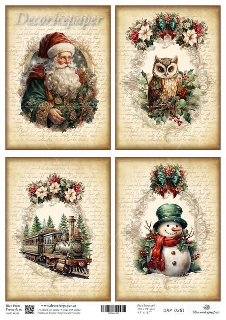 Four vintage-style illustrations on rice paper featuring Santa Claus, an owl, a train, and a snowman on a textured background