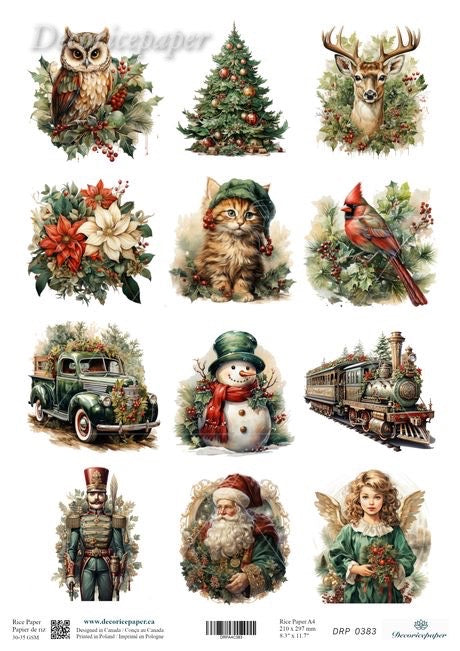 Collection of Christmas-themed illustrations on rice paper featuring an owl, tree, deer, flowers, cat, cardinal, truck, snowman, train, Santa Claus, and fairy
