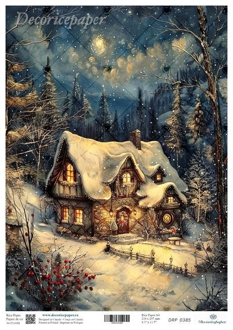 Winter scene with a snow-covered house and trees, featuring decorative paper design.
