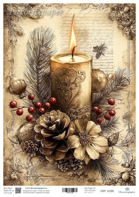Elegant Christmas candlelight illustration on rice paper with pine branches and berries